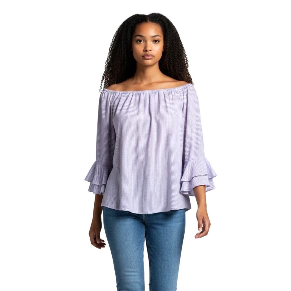 Cupio Lavender White Striped Blouse Ruffle Bell Sleeves Scoop Neck Viscose XL